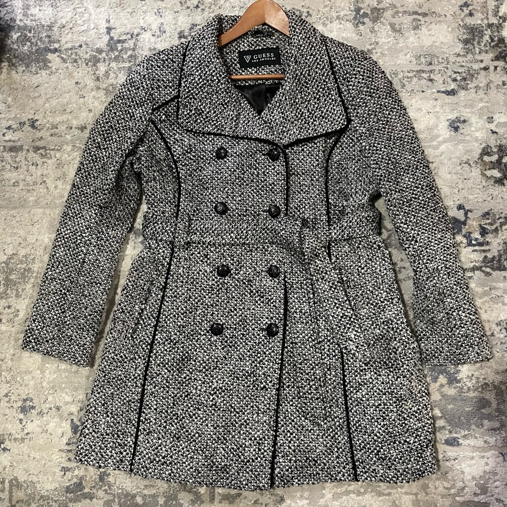 GUESS woman’s dress coat/ peacoat double breast belted wool blend XL